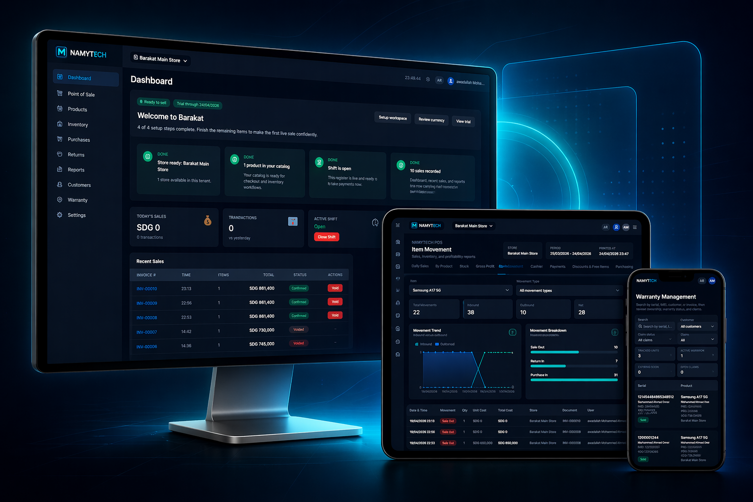 NAMYTECH POS displayed on desktop, tablet, and mobile devices